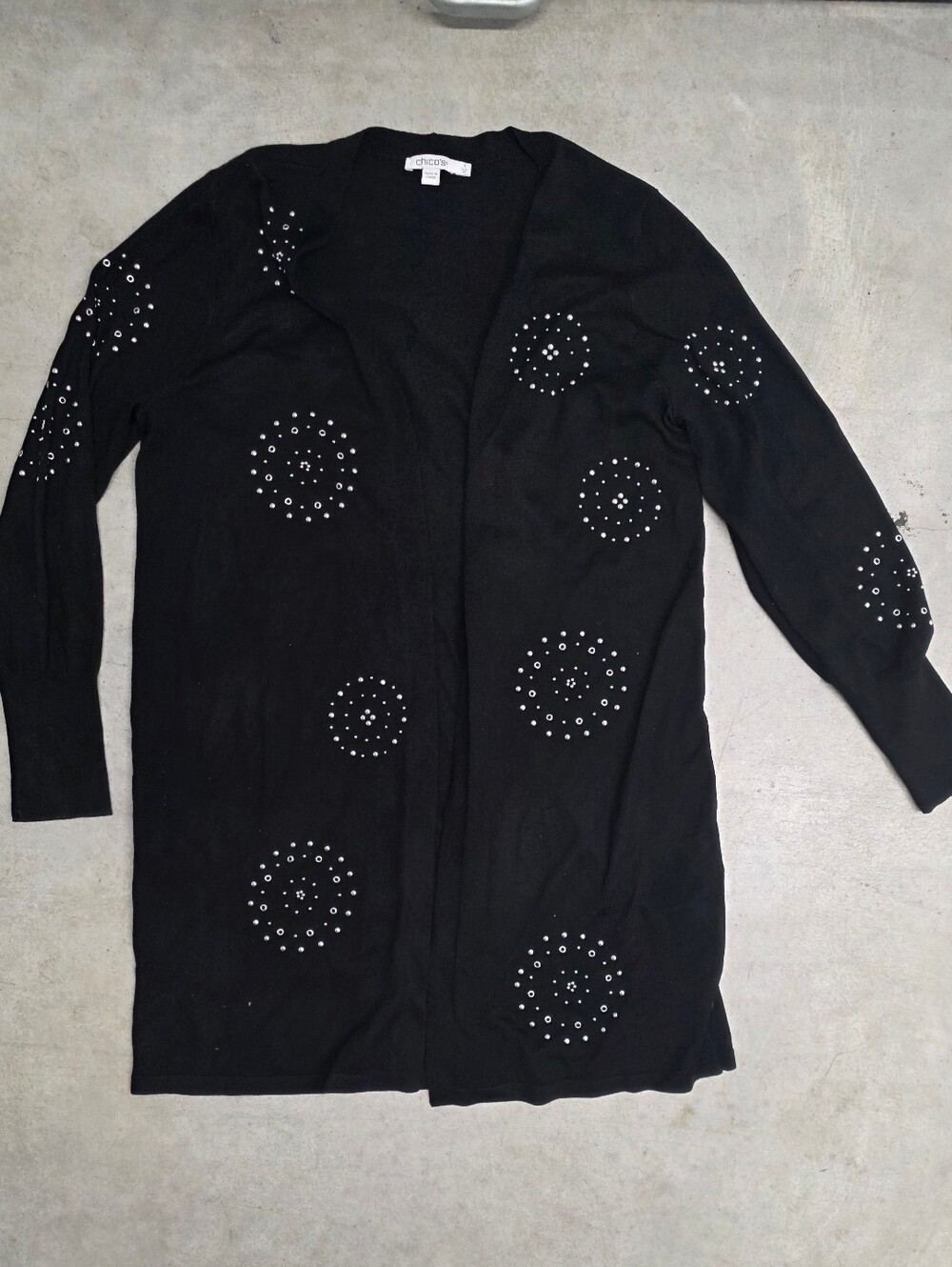 Chico's Black Long Open-Front Cardigan with Silver Stud Circles